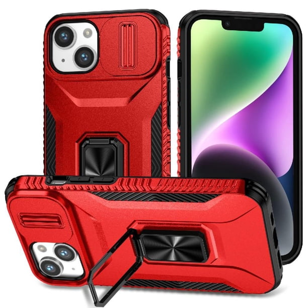 Funda Armada para iPhone 14 con Tapa Deslizante y Soporte Magnético Giratorio Rojo