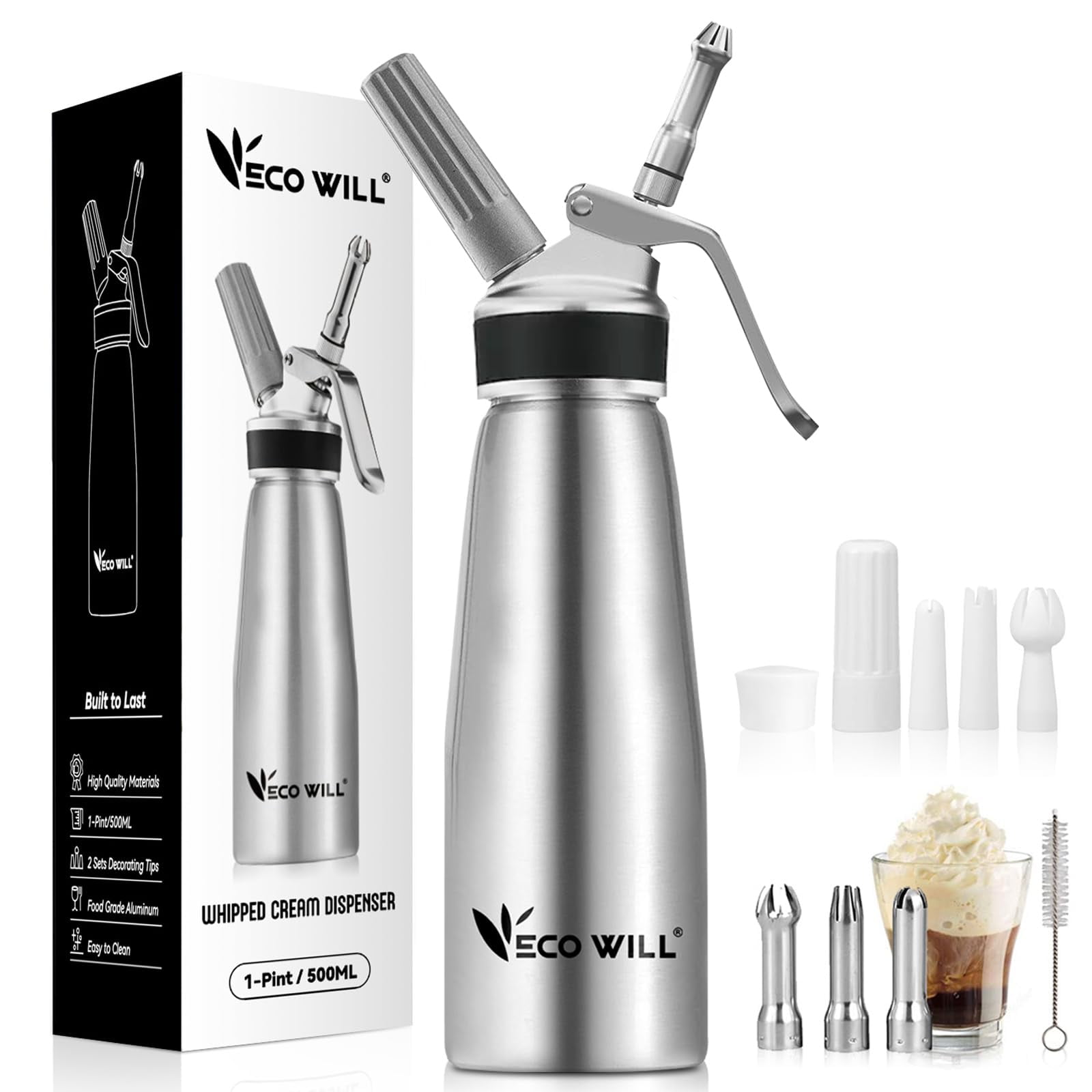Dispensador De Crema Batida Eco-will Professional De Aluminio De 500 Ml