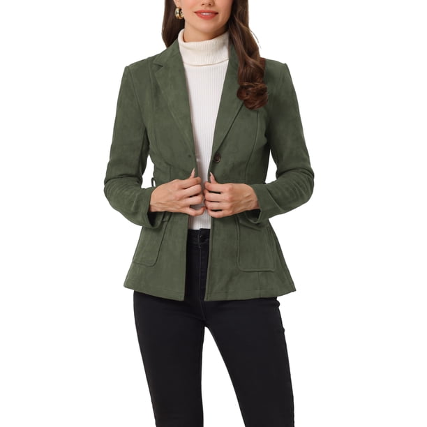 INSPIRE CHIC Blazer de Trabajo para Mujer de Imitación de Gamuza con Cinturón, Manga Larga, Abotonado, Talla XL, Verde Militar