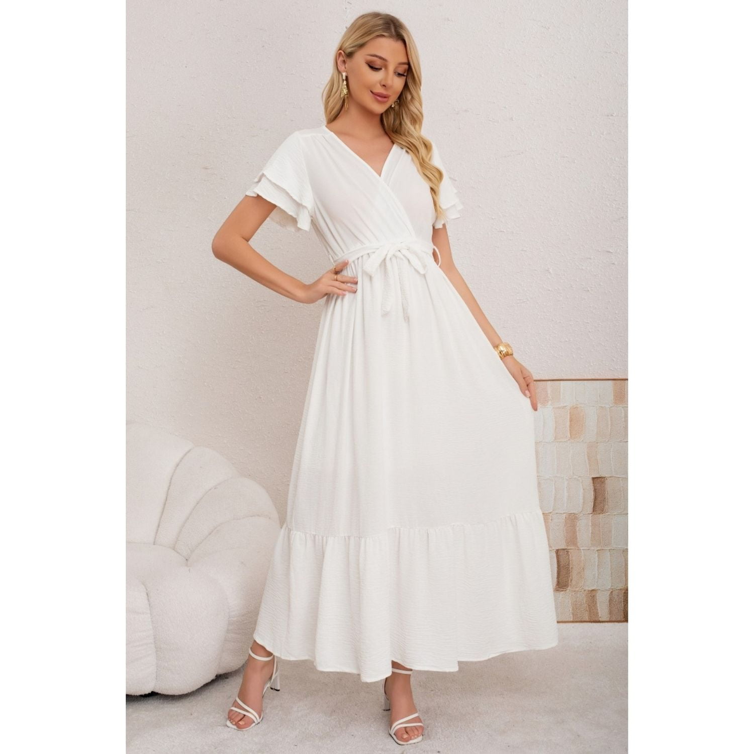 Likeshop - Vestido Largo Mujer Primavera Verano Manga Corta. Abertura, Cuello V 3385