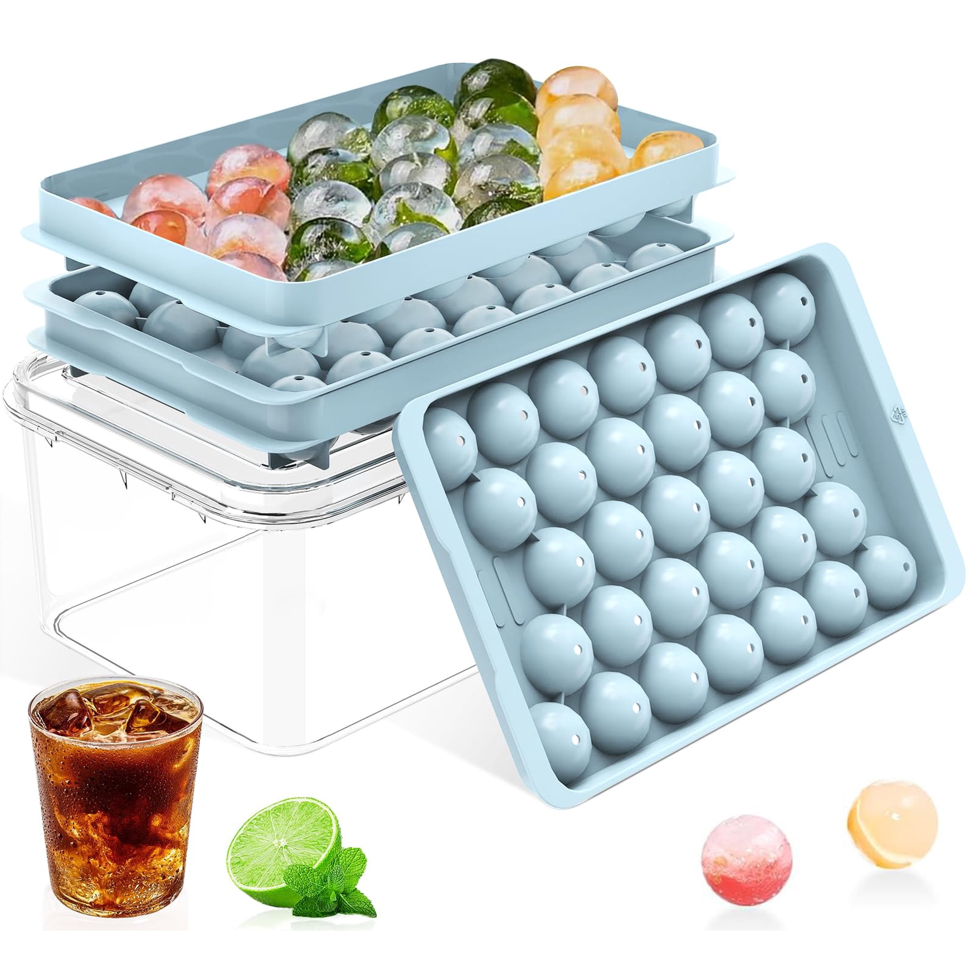 Dclobtop - Bandeja Redonda Para Cubitos De Hielo Con Tapa Y Papelera, 62 Bolas De Hielo De 3 Cm