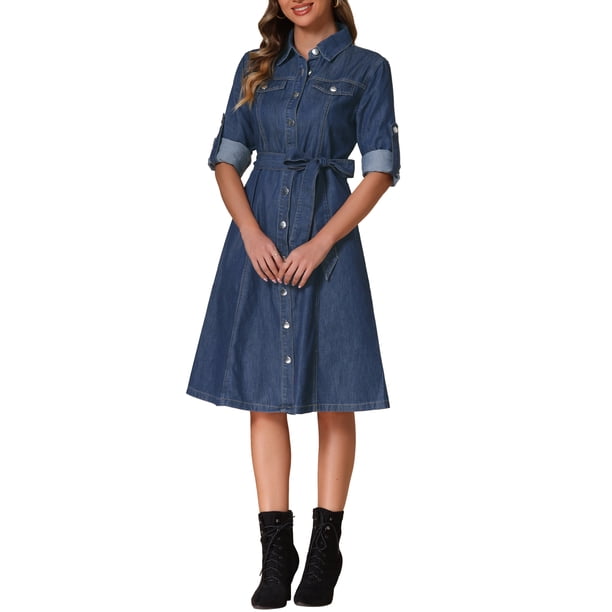 INSPIRE CHIC Vestido de Mezclilla para Mujeres Regreso a Clases Manga Larga Abotonado Línea A con Cinturón Clásico Vestidos de Jean S Azul Oscuro