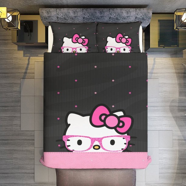 Cute Cartoon Hello Kitty1 3 Pieces Duvet Cover Set Full Size Super Soft Fade Resistant Microfiber