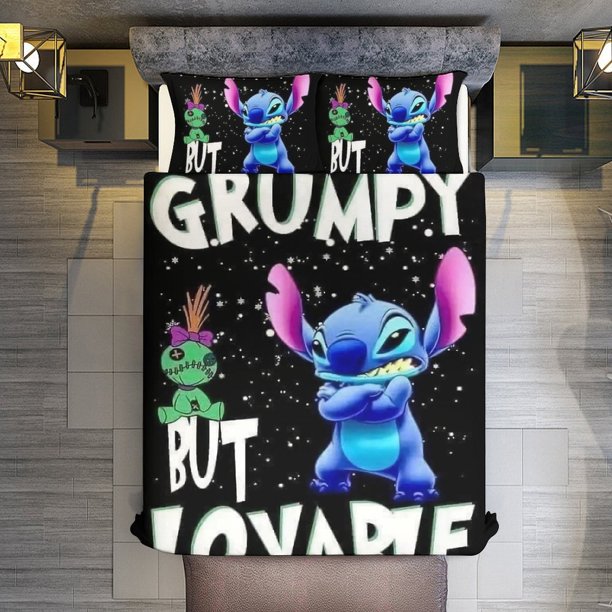 Stitch GRUMPY BUT LOVABLE 3 Pieces Duvet Cover Set Full Size Super Soft Fade Resistant Microfiber