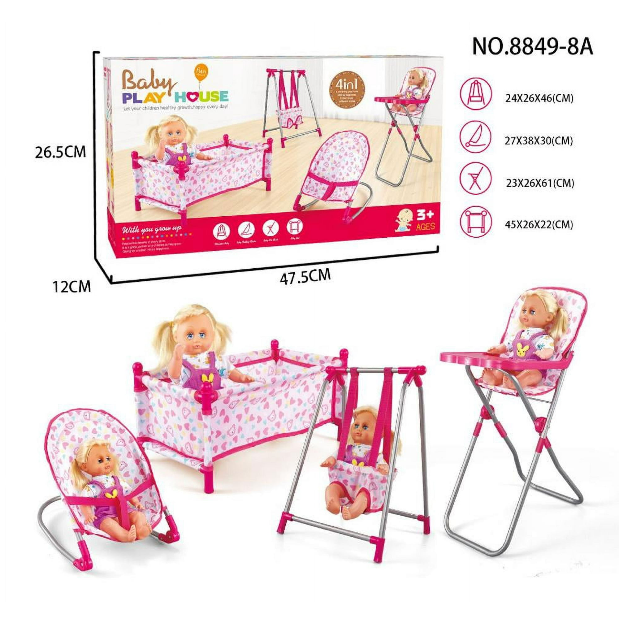 Genérico - Set Juego 4 En 1 Con Muñeca, Silla, Comedor, Columpio Y Cuna
