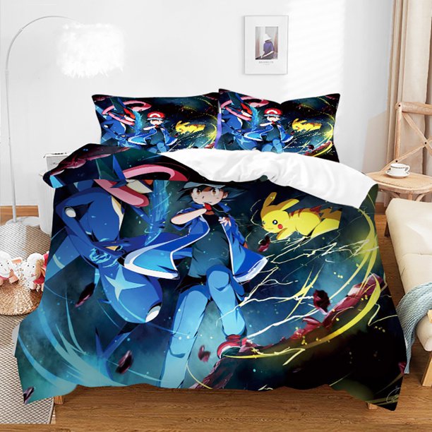 Pok-mon Pika-chu 3 Pcs Comforter Set with 2 Pillowcases,Pokmo-n Pikach-u Bedding Set Sheet Set for Kids Adults,All Season Lightweight