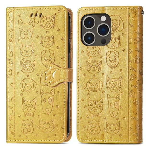 Funda Cartera FOXDOCK para iPhone 14 Pro , Flip PU con Relieve de Gatos y Perros, Tarjetero y Soporte