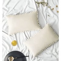 Genérico - Pack De 2 Fundas De Cojín Terciopelo Con Pompones 30X50 Cm Blanco