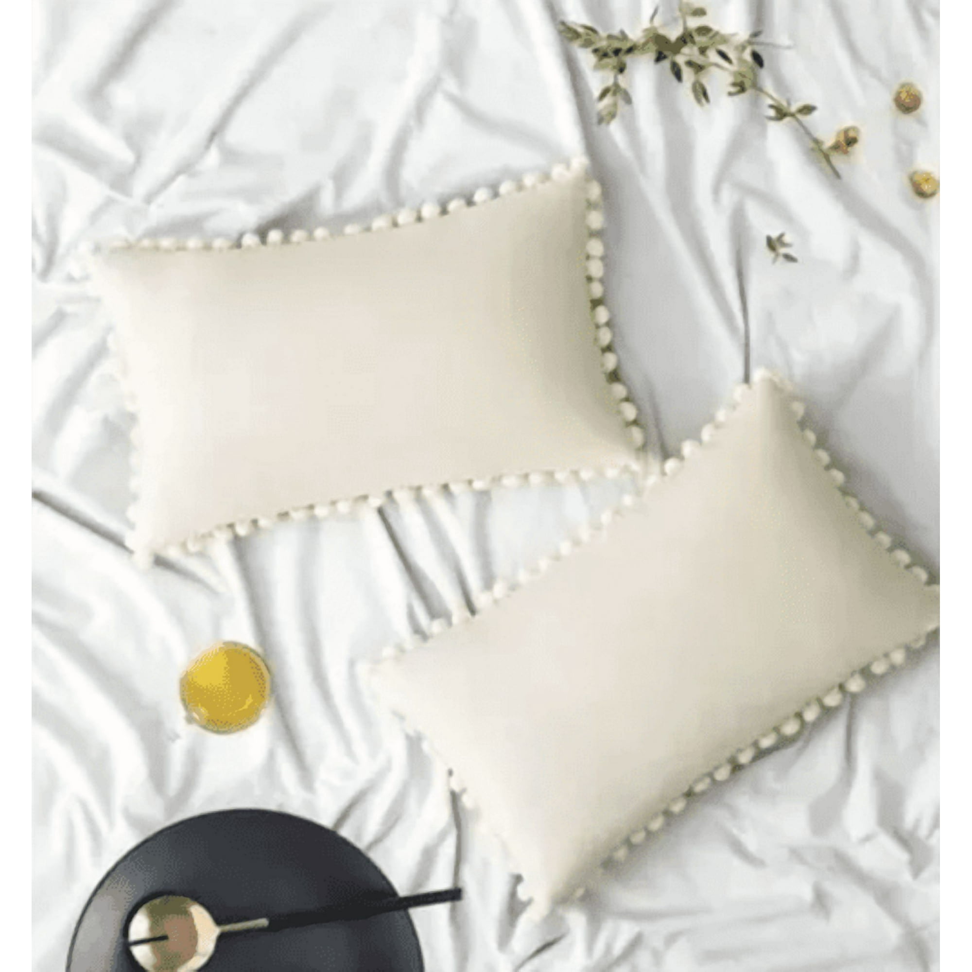 Genérico - Pack De 2 Fundas De Cojín Terciopelo Con Pompones 30x50 Cm Blanco