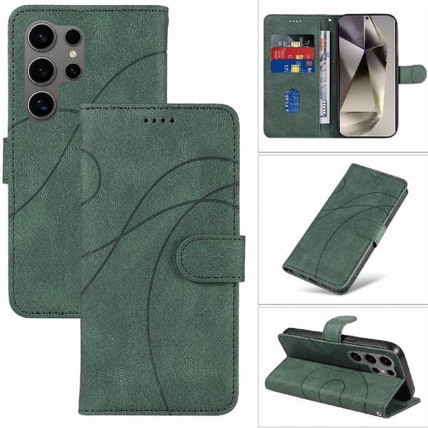 Funda tipo cartera con tapa para Samsung Galaxy S25 Ultra con tarjetero, soporte y cubierta magnética Verde