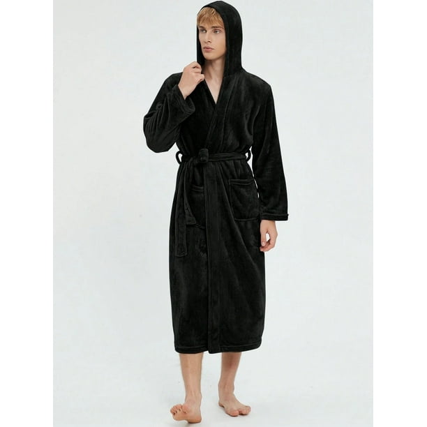 Bata De Baño Con Capucha Para Hombre De Invierno Grueso Cálido Negro