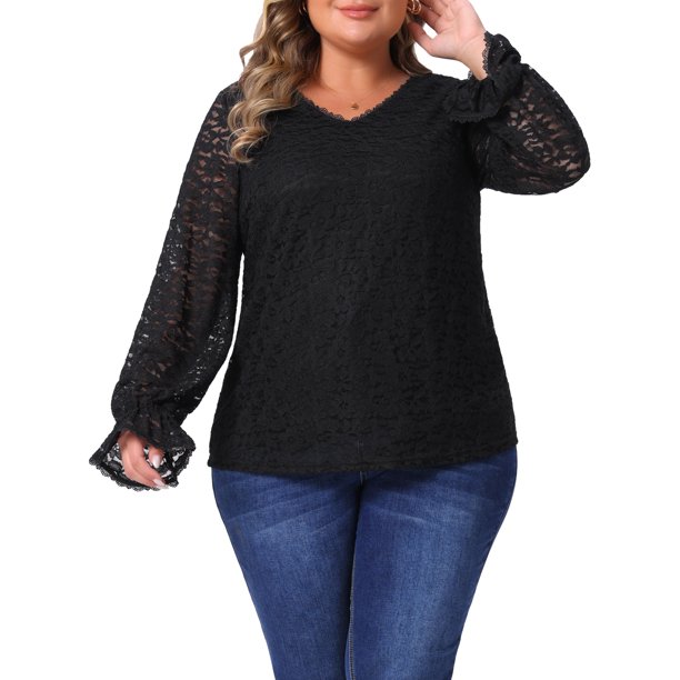 Agnes Orinda Blusa Casual Elegante para Mujer de Talla Grande con Encaje Floral de Doble Capa, Cuello en V, Manga Larga Transparente, Talla 4X, Negro