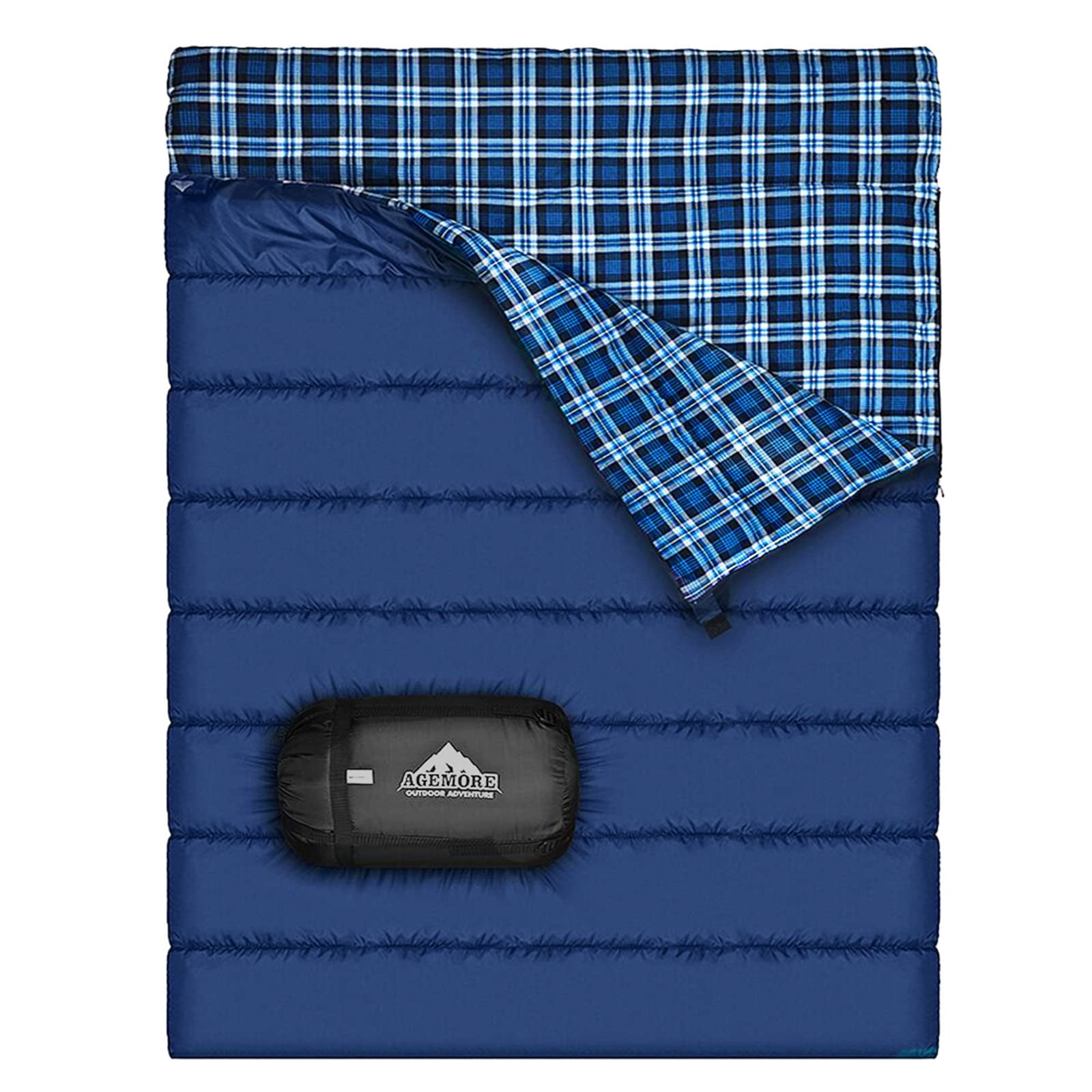Saco De Dormir Agemore De Franela De Algodón Doble Para 2 Personas, Azul