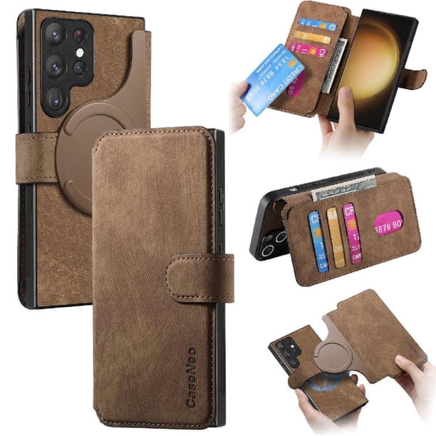 Funda Billetera Magnética para Samsung Galaxy S23 Ultra Soporte Tarjetas Desmontable Marrón