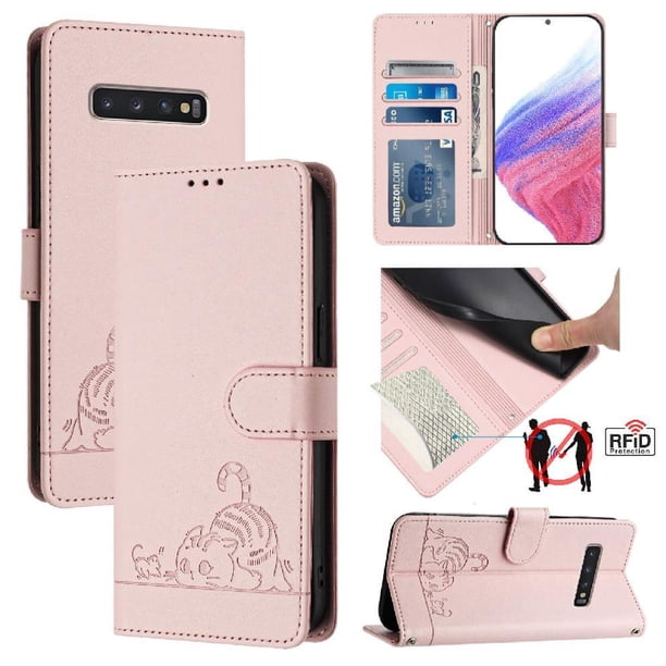 Funda tipo cartera FOXDOCK para Samsung Galaxy S10 Plus con soporte, ranuras, RFID, diseño de gato