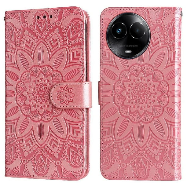Funda tipo cartera FOXDOCK para Realme C67 5G , diseño girasol en relieve, cuero PU, cierre magnético, soporte y tarjetero