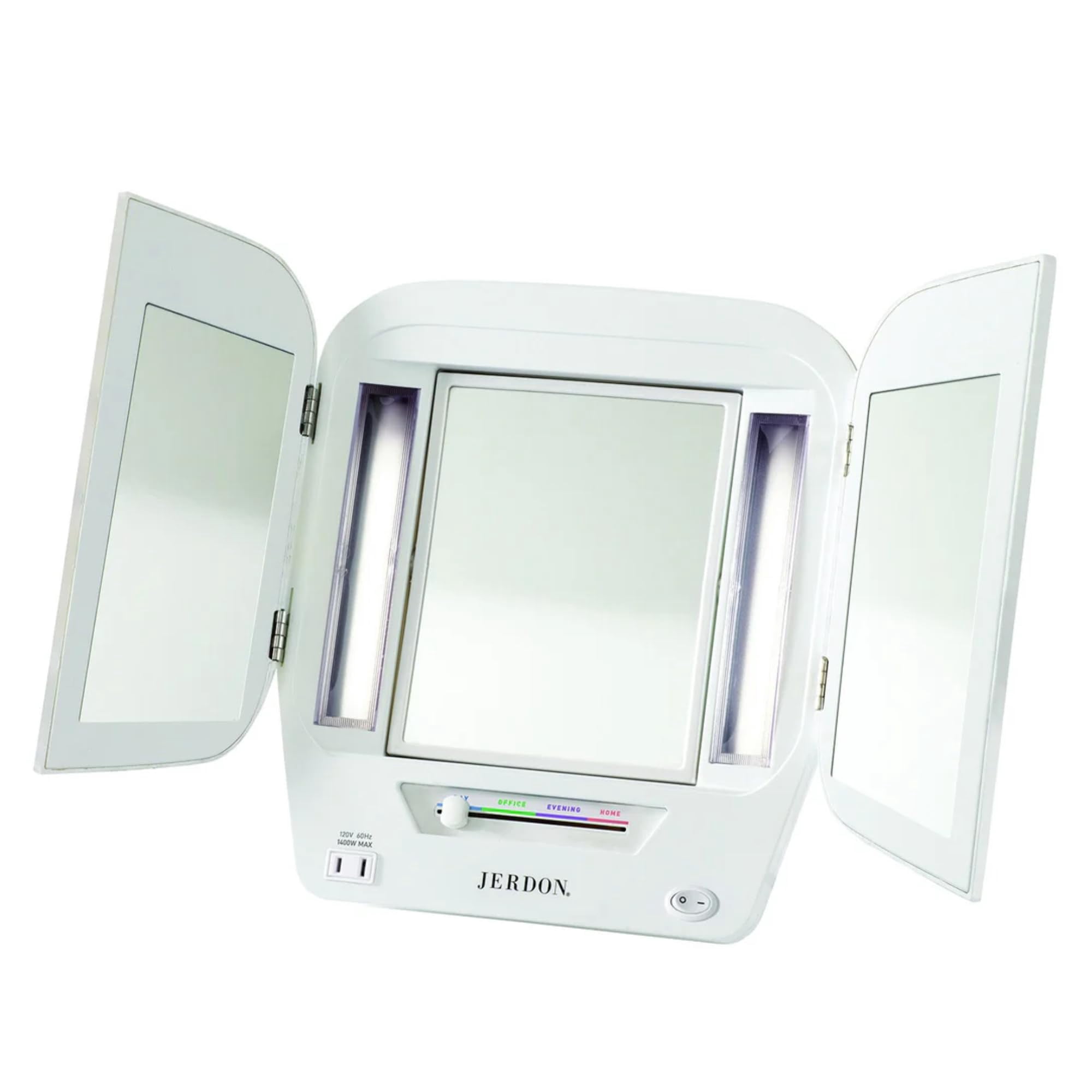 Espejo De Maquillaje Jerdon, Moderno, De Tres Pliegues Con Luces De Aumento 5x