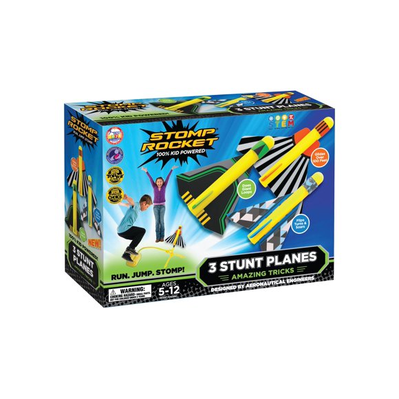Juguete lanzador de aviones Stomp Rocket Stunt para niños con 3 aviones