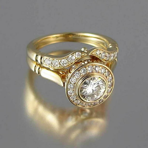 2 pcs Shiny Zircon Halo Ring - 18K Gold Plated Party Engagement and Wedding Ring Jewelry