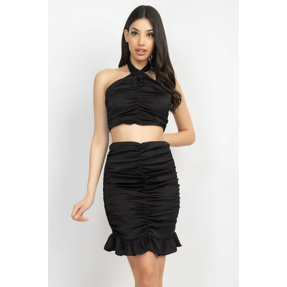 Conjunto de Top Corto con Cuello Halter y Falda Negro L