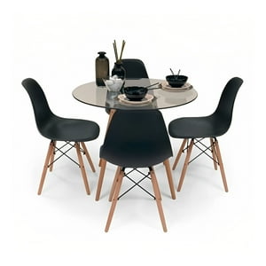 Klik Muebles - Comedor Mesa Eames Vidrio 80Cm + 4 Sillas Eames Negras