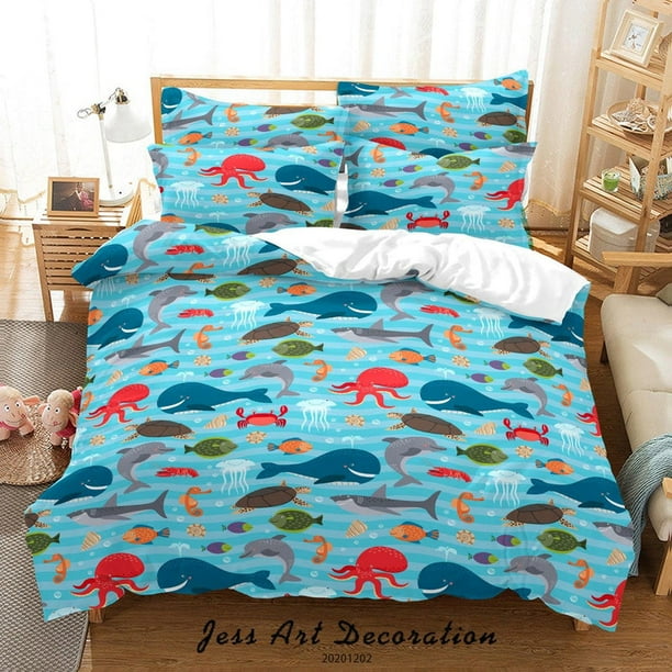 3D Cartoon Dibujado a mano colorido Océano Tiburón Ballena Cangrejo Pez Funda de edredón Set