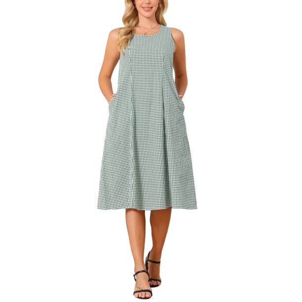 INSPIRE CHIC Vestidos sin mangas a cuadros para mujer, ajuste holgado casual, vestido midi de cuadros con bolsillos, atuendos de verano M Verde