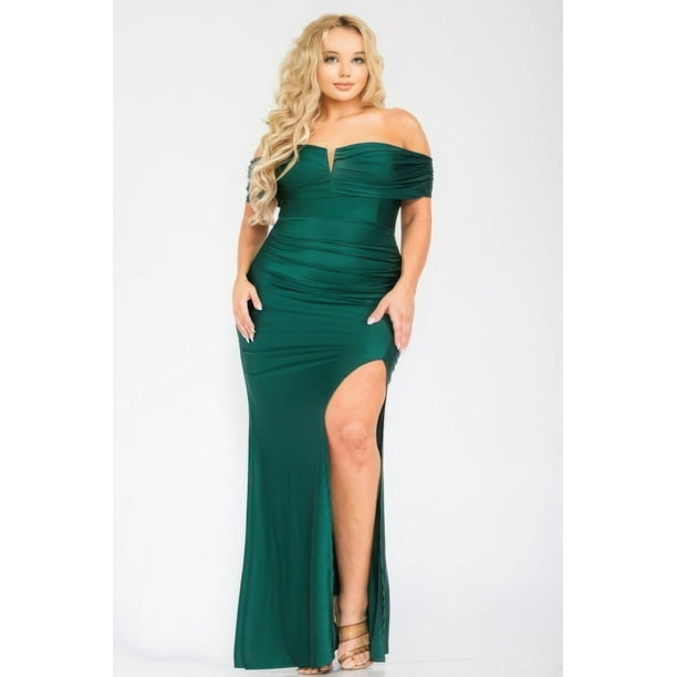 Saronite Vestido Largo de Fiesta con Abertura Frontal y Hombros Descubiertos, Color Abeto (Talla Grande para Mujer)