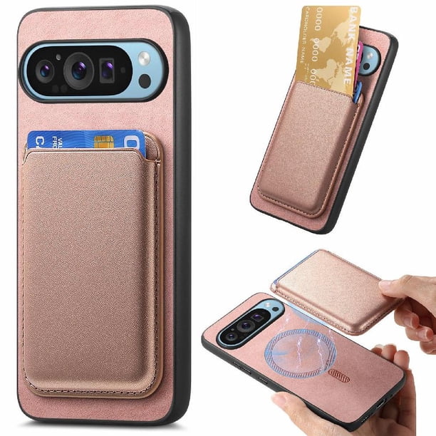 Funda de Cuero Magnética con Tarjetero para Google Pixel 9 Cubierta Delgada Rosa