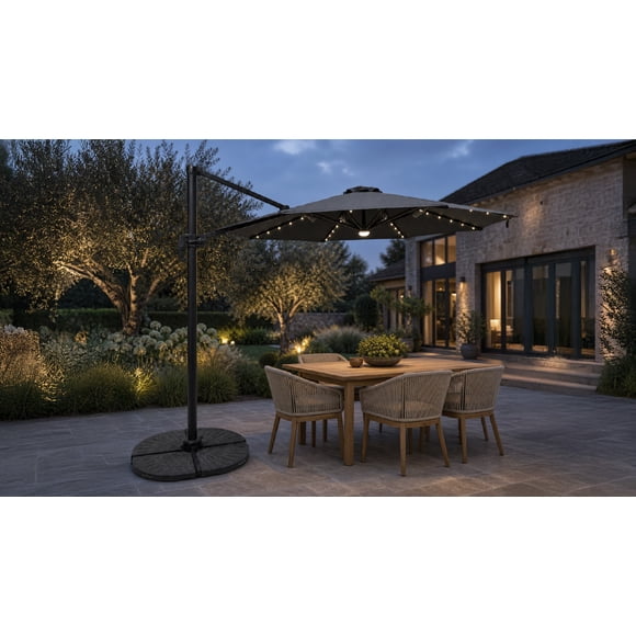 Quitasol Reforzado Tramontana Con Base y Luces Grafito 300cm con Manivela