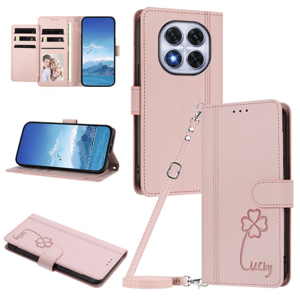 Funda Cartera Trébol para Xiaomi Poco X7 5G con Ranuras Tarjetas y Carga Inalámbrica Rosa