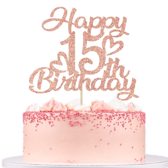 Adorno para tartas Unoggsor con purpurina en oro rosa, feliz 15 cumpleaños