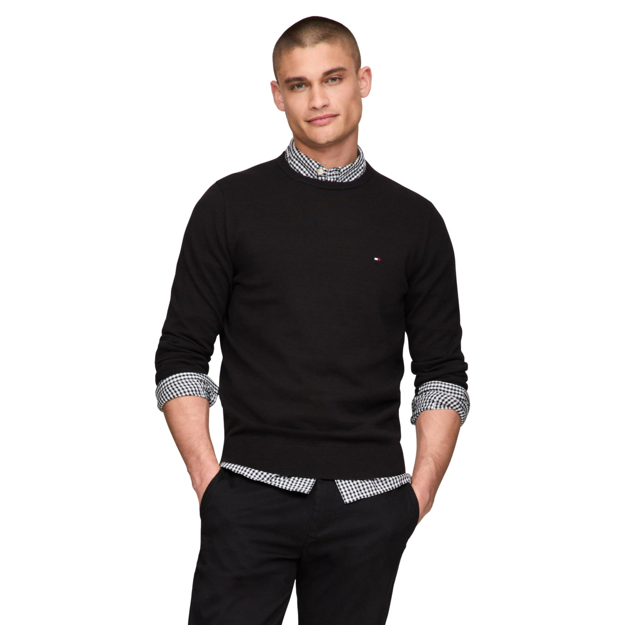 Jersey Tommy Hilfiger Para Hombre, Algodón Liso, Cuello Redondo, Negro