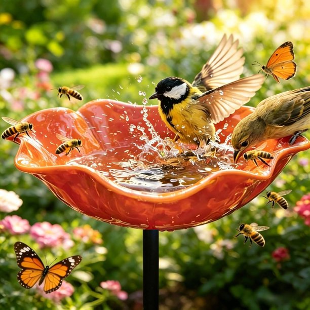 Estaca jardín flor metal hecha mano baño pájaros estación agua polinizadores exterior