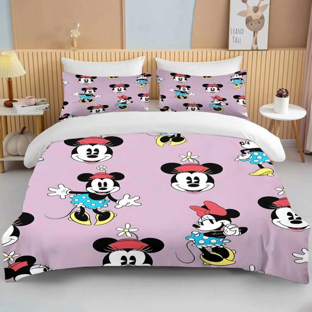 Minnie Mickey Mouse Cartoon Printed Set Comforter Set 3 Piece Girls Bedding Sets Deluxe Pink Girls Gift Full Size Bed Sheets