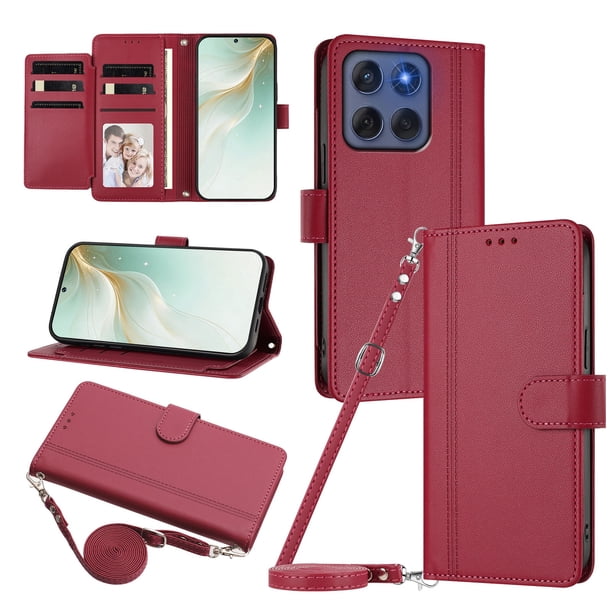 Funda Tipo Libro para Motorola Edge 60 Fusion con Ranuras para Tarjetas, Rojo