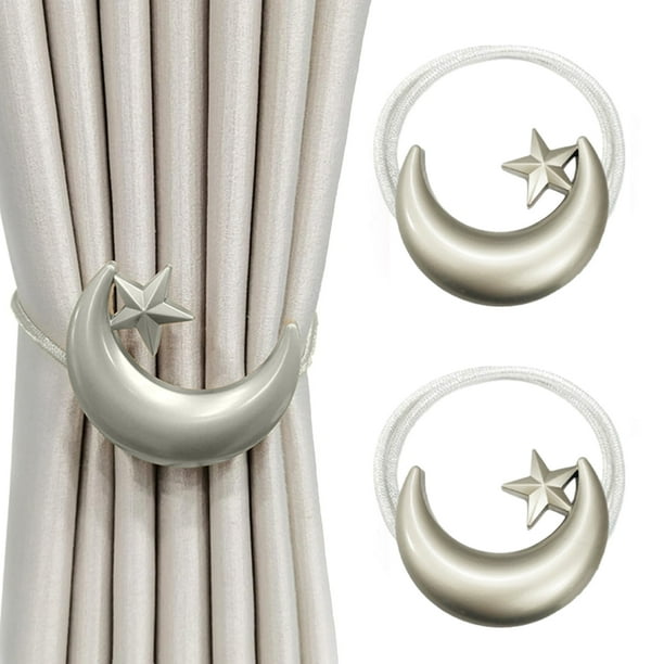 Paquete de 2 alzapaños magnéticos para cortinas, con diseño de estrellas y lunas, para decoración de ventanas.