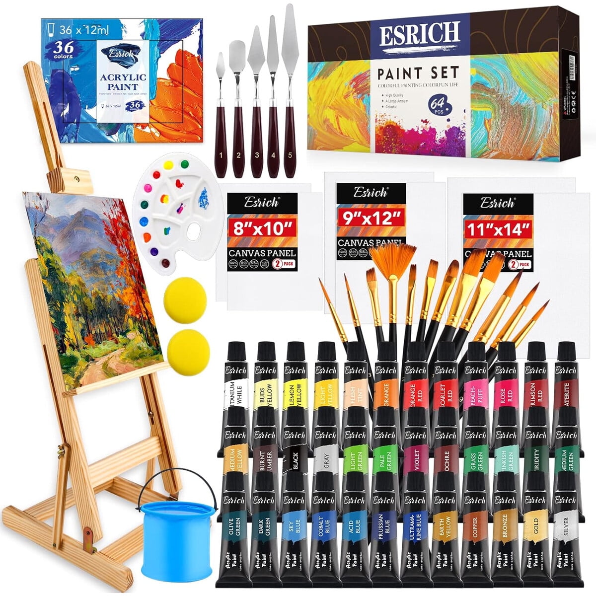 Set Pintura Acrílica Esrich 64 Piezas 36 Colores Con Atril
