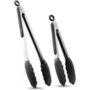 Veat00L - Pinzas De Cocina De Acero Inoxidable De Alta Calidad Con Puntas De Silicona, Juego De 2 A 9 Pulgadas Y 12 Pulgadas, Negro