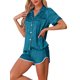 thumbnail image 4 of INSPIRE CHIC Conjunto de Pijama de Satén para Mujer, Manga Corta de Seda, Camisón Abotonado con Ribete en Contraste y Pantalones Cortos para Primavera Verano XL Azul Pavo Real, 4 of 6