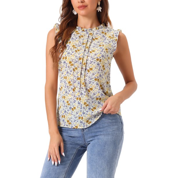 INSPIRE CHIC Blusa sin mangas para mujer con volantes de oficina de negocios de los años 50 vintage floral XS Beige Púrpura-Floral