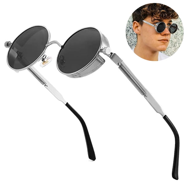 1 par de gafas de sol polarizadas para hombre, protección UV, estilo gótico redondo para mujer, montura circular de metal.