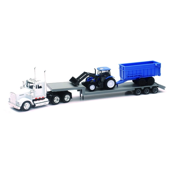 Set de Camión de Juguete NewRay Kenworth con Remolque Lowboy y Tractor Agrícola