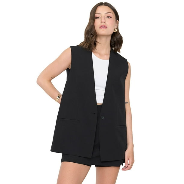 Blazer Mujer Sin Mangas Botones Negro Corona