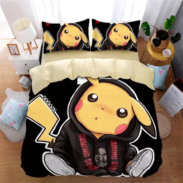Kawaii Pokemon Bedding Set for Kids Boys,Children Cartoon Pikachu Duvet Cover, Single Double Pokemon Duvet Cover Gift Bed Sheets