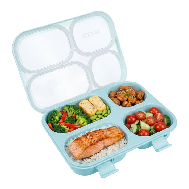 Caja Bento para Adultos REGALWOVEN, Contenedor de Preparación de Comidas con 4 Compartimentos y Tapa Transparente Resistente a Fugas para Trabajo y Viajes Azul-2