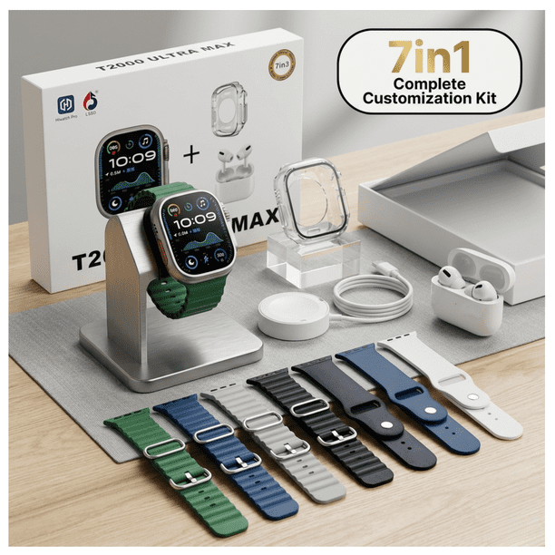 Reloj Smartwatch T2000 Ultra Max 7en3 + Audífonos +7 Correas verde-azul-gris-negro