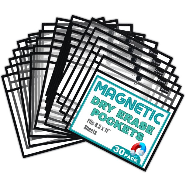 Bolsillos magnéticos de borrado en seco Two Point Pack de 30, formato horizontal, negro