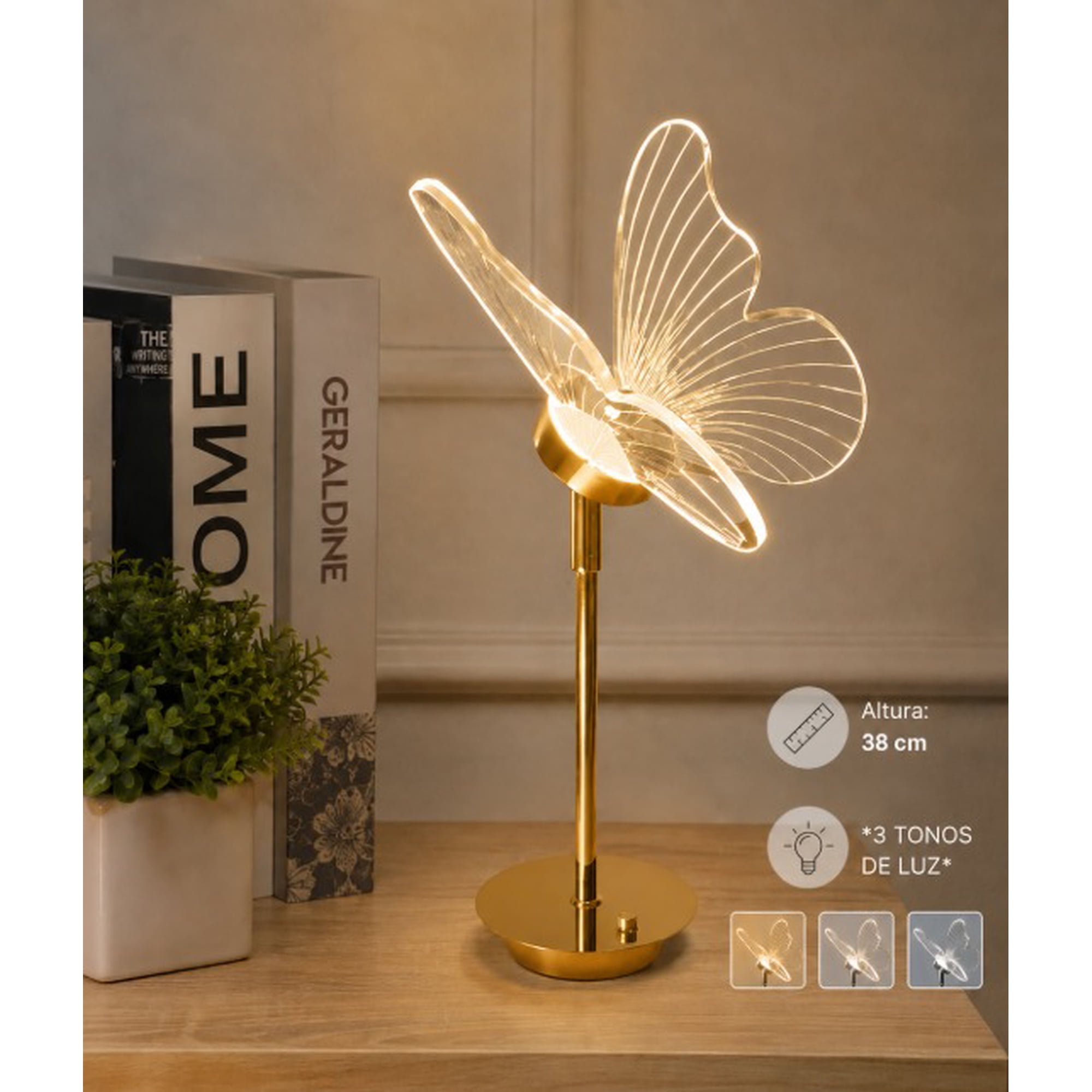 Genérico - Lampara Metal Led Mariposa, Dorada, 3 Tonos De Luztouch Carga Usb