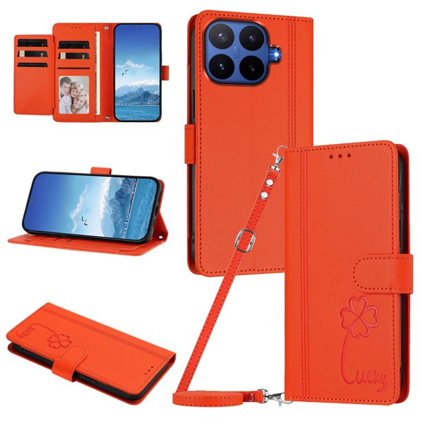 Funda Cartera Trébol para Xiaomi 17T Pro con Ranuras Tarjetas y Carga Inalámbrica Naranja
